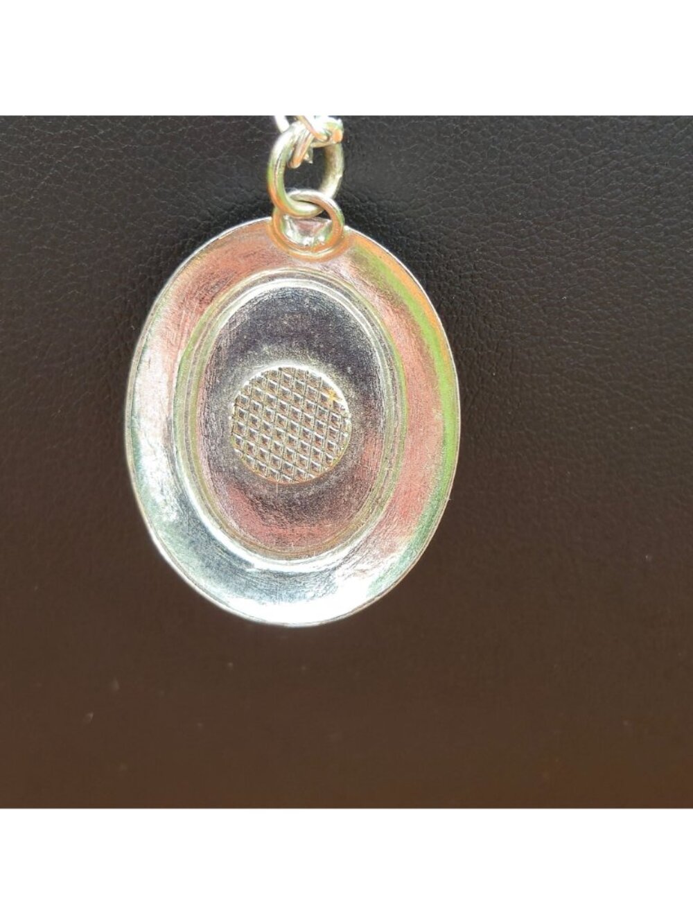 Vintage Necklace Oval Blue Chalcedony Pendant Ornate Etched Design Silver tone - Picture 6 of 11